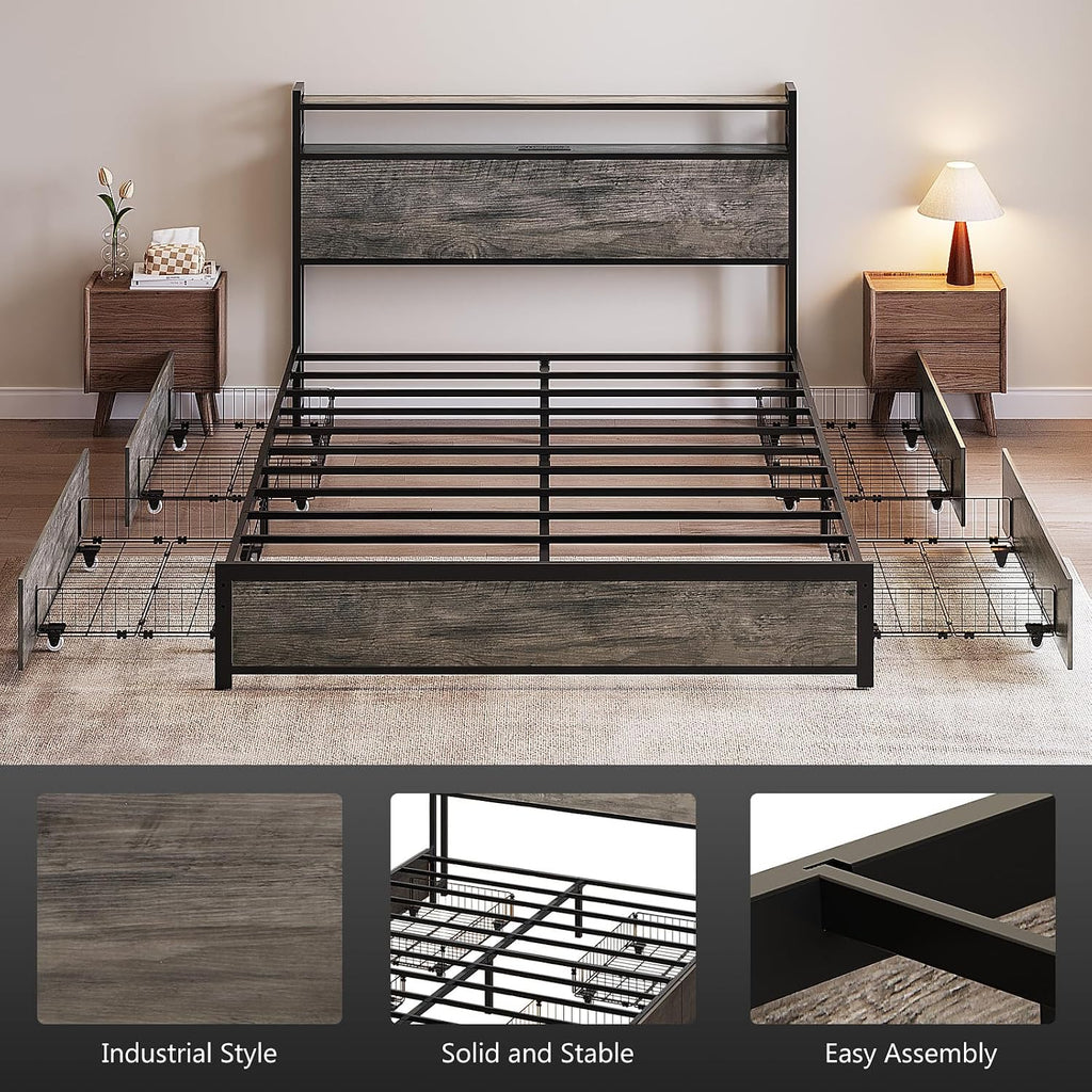 VINGLI LED Queen Bed Frame with 4 Storage Drawers and Adjustable Headboard Shelf, Metal Platform Panel Bed with Charging Station for Kids Teens, Adults, No Box Spring Needed, Wash Gray