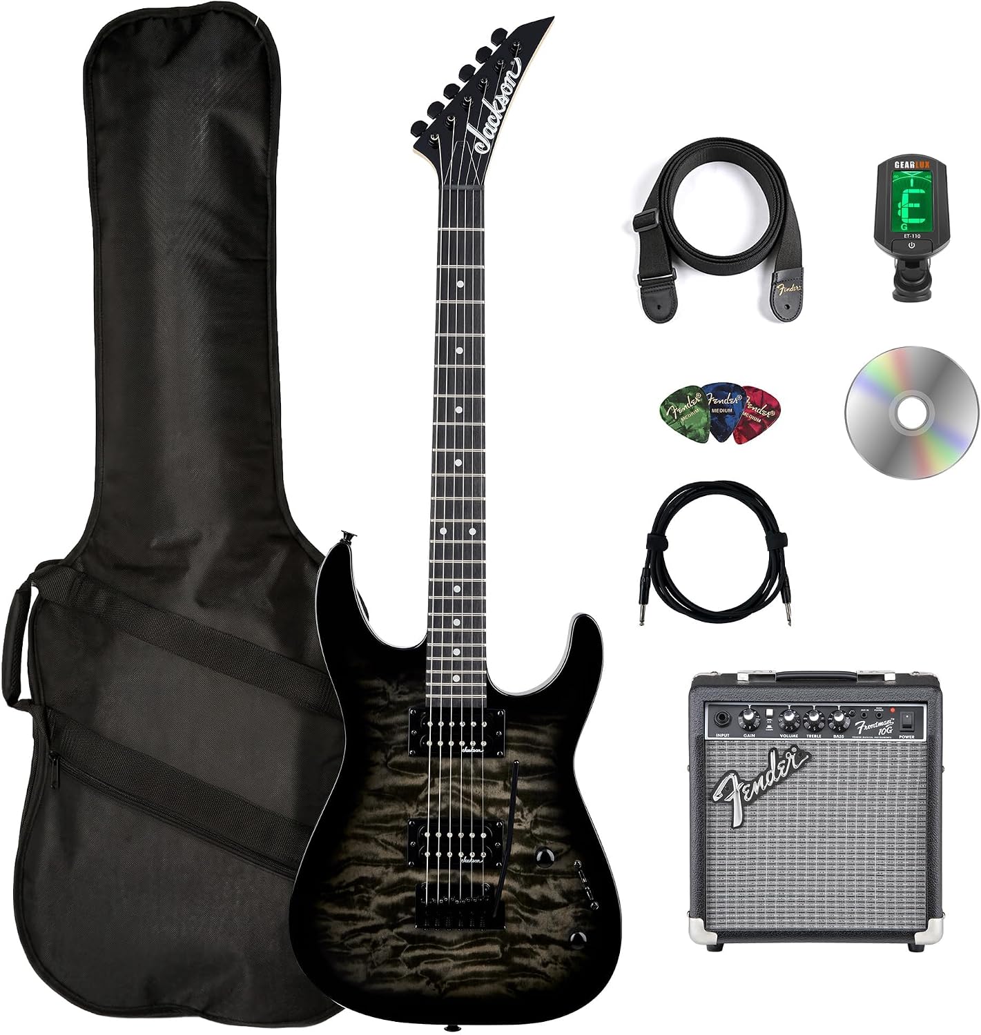Jackson JS Series Dinky JS11Q Electric Guitar - Transparent Black Bundle with Frontman 10G Amplifier, Gig Bag, Tuner, Strap, Cable, Picks, and Austin Bazaar Instructional DVD