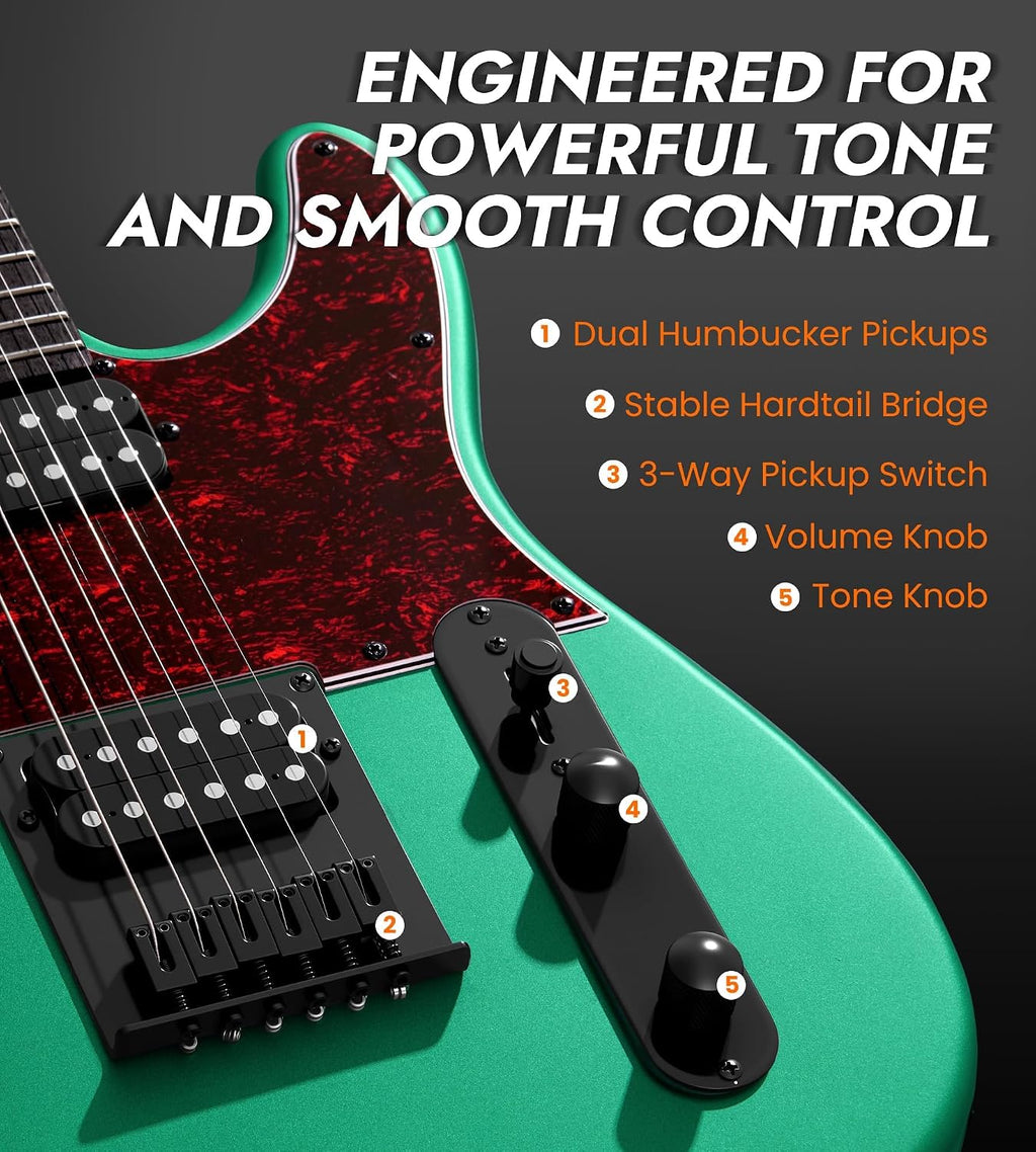 Tostar Electric Guitar: HH Humbuckers, Fixed Hardtail Bridge & Smoked Matte Finish, 3-Way Switch, 39' Solid Body Electric Guitar for Intermediate Players, Guitarra Eléctrica Kit, Birthday Gifts, Green