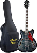 GROTE Jazz Electric Guitar Semi-Hollow Body Trapeze Tailpiece Bridge Guitar Gig Bag(Black02)