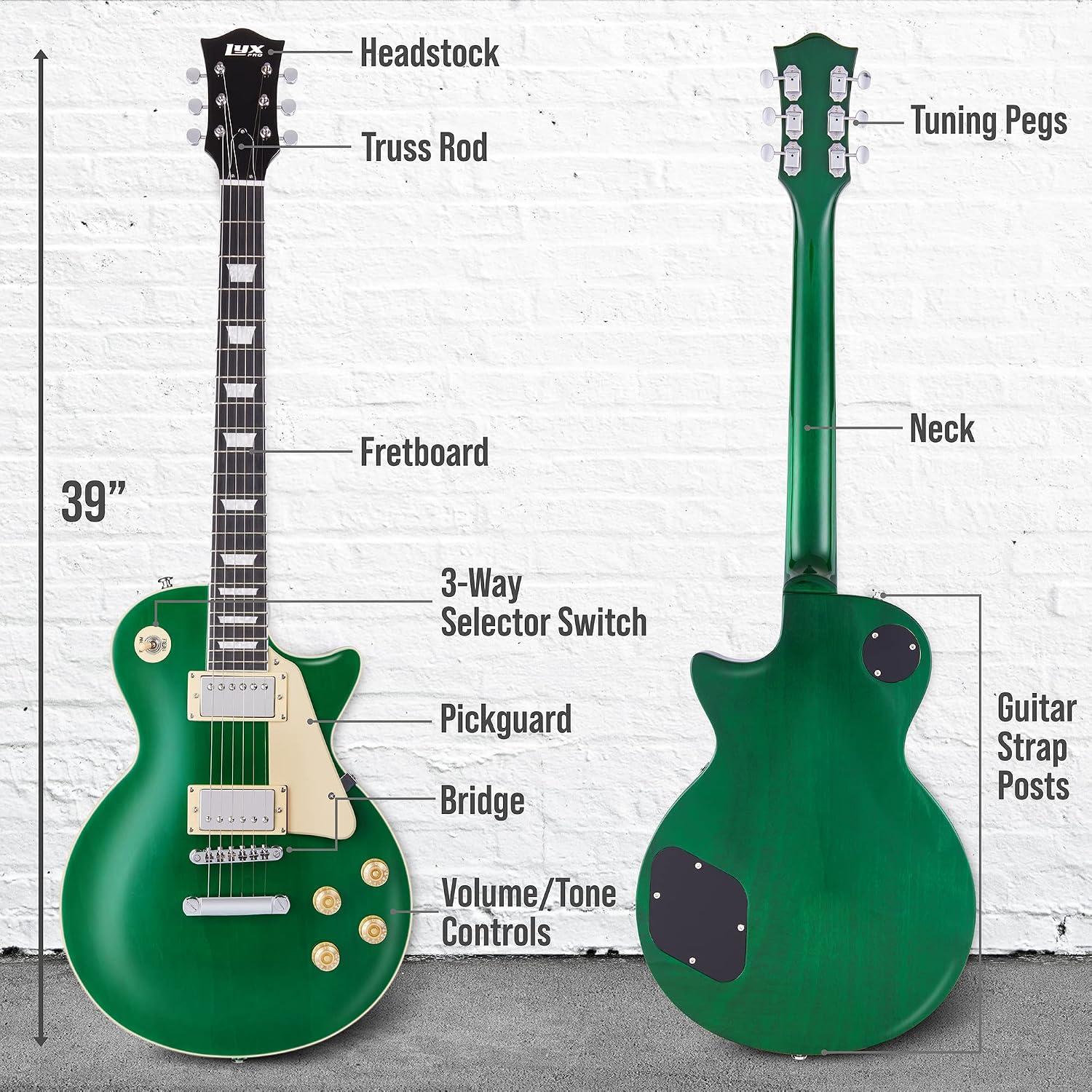 LyxPro 39' SB Series Electric Guitar, LP Style for Beginner, Intermediate & Pro Players Solid Body Guitar, Bonus 2-Pack of Picks, Mahogany Wood, Volume/Tone Controls, 3-Way Pickup - Green