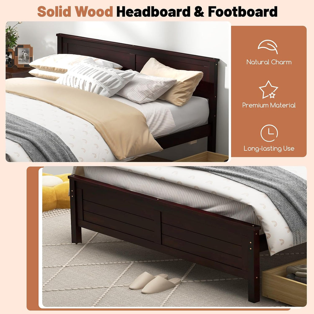 GOFLAME Full Size Bed Frame with 2 Drawers, Platform Bed with Solid Wood Headboard & Footboard, Wood Slats Support Mattress Foundation, Under Bed Storage, No Box Spring Needed, Easy Assembly, Espresso