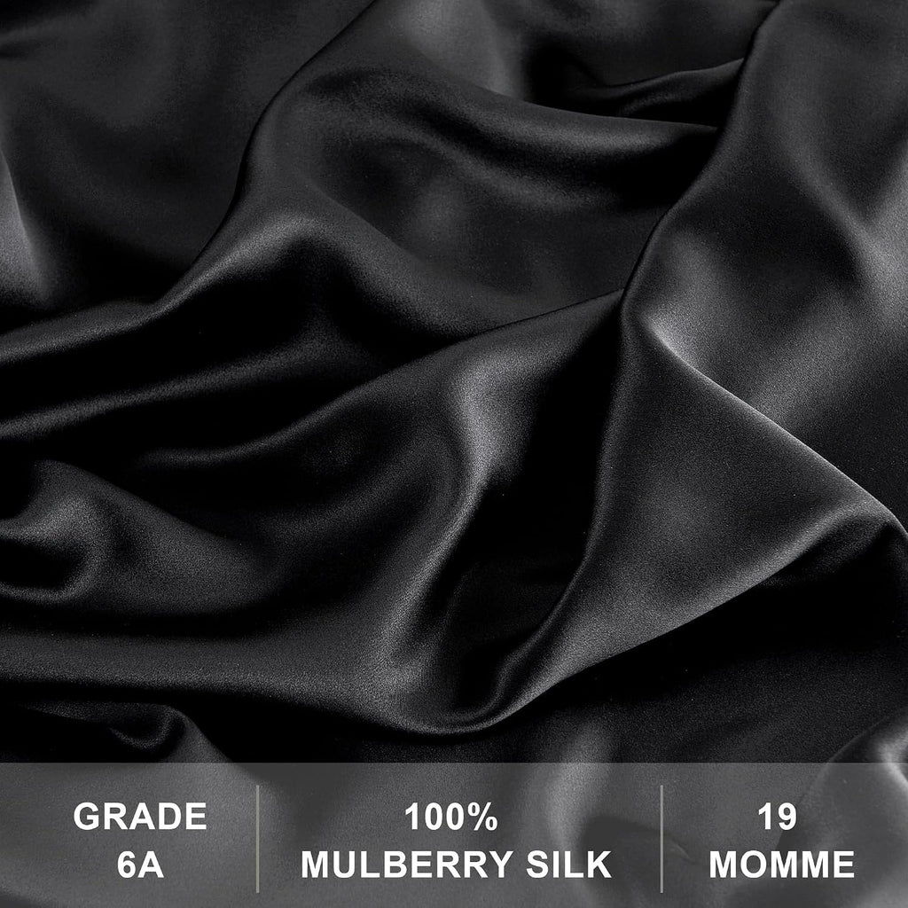 4 Pieces 100% Mulberry Silk Sheet Set Bed Sheets, 19 Momme King Size 6A Luxury Bedding Set with Flat Sheet, Fitted Sheet & 2 Pillowcases (King, Black)