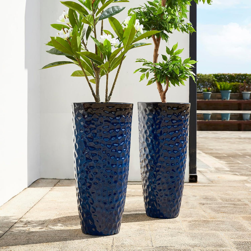 Glitzhome 31' H Oversized Tall Planter, Set of 2 Honeycomb Textured Gradient Cobalt Blue Round Garden Plant Pots with Drainage Holes, Large Flower Containers for Indoor Outdoor Front Door Patio