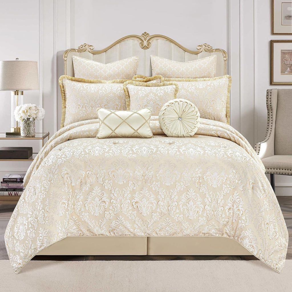 Loom and Mill 9-Piece Elegant Damask Comforter Sets Jacquard Medallion Design, Ultra Soft Floral Bedding with Euro Shams, Bedskirt, Filled Decorative Pillow for Home (Beige White, Queen)