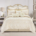 Loom and Mill 9-Piece Elegant Damask Comforter Sets Jacquard Medallion Design, Ultra Soft Floral Bedding with Euro Shams, Bedskirt, Filled Decorative Pillow for Home (Beige White, Queen)