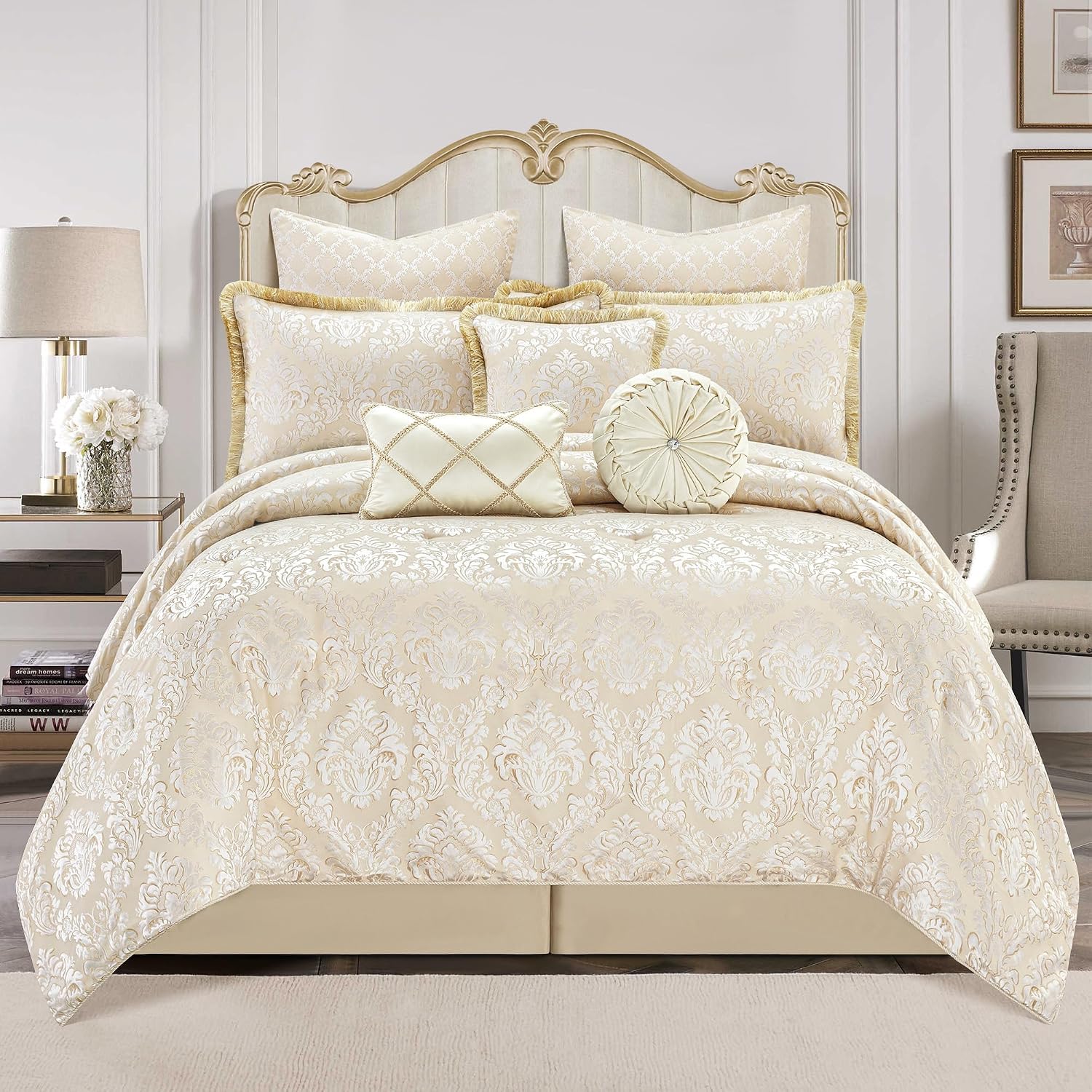 Loom and Mill 9-Piece Elegant Damask Comforter Sets Jacquard Medallion Design, Ultra Soft Floral Bedding with Euro Shams, Bedskirt, Filled Decorative Pillow for Home (Beige White, Queen)