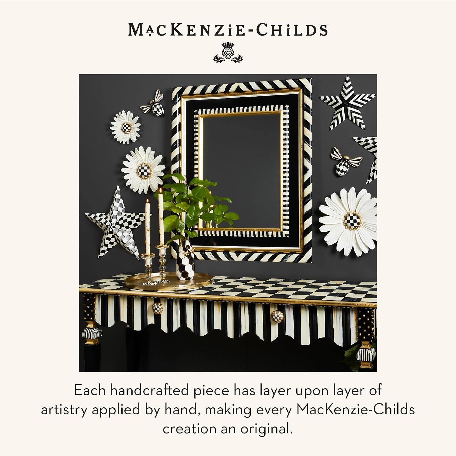 MACKENZIE-CHILDS Ceramic Flower Vase, Decor for Living Room or Bedroom, Black-and-White Queen Bee