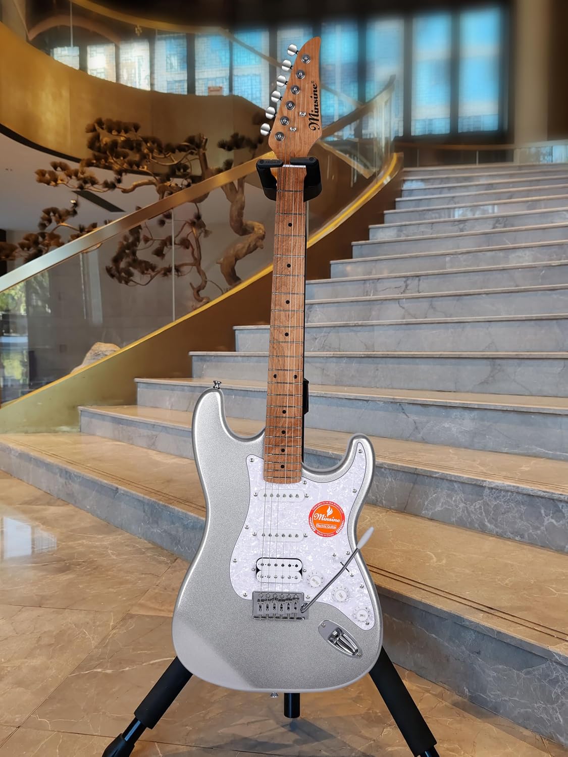 Electric Guitar Kit -39in Solid Body Starter Guitar Kit with Metallic finish, Guitar Case, Amplifier Gig Bag, Strings, Strap, Cable, Picks M100S (Silver)