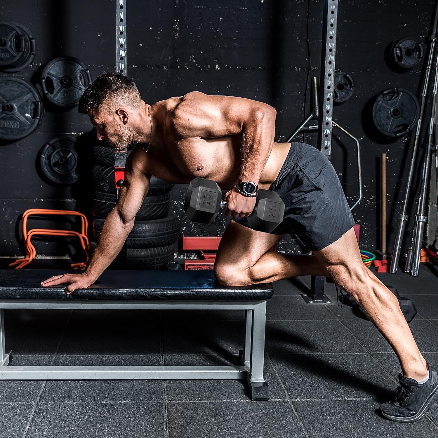 6-10 Pair Iron and Rubber Dumbbell Set 350/450 and 550 lbs 5-50 lbs Hand Free Weight for Strength Hex Coated Weights with Vertical Storage Rack Home Gym 5-50 lb - Black