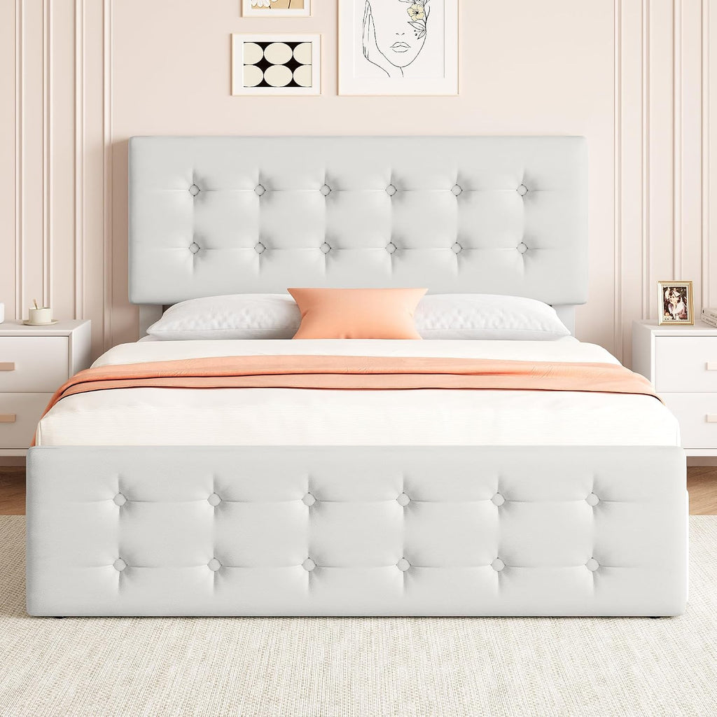 GAOMON Full Size Bed Frame with 4 Drawers and Adjustable Headboard, PU Leather Upholstered Platform Bed with Button Tufted Design, No Box Spring Needed, Strong Wooden Slats, Beige