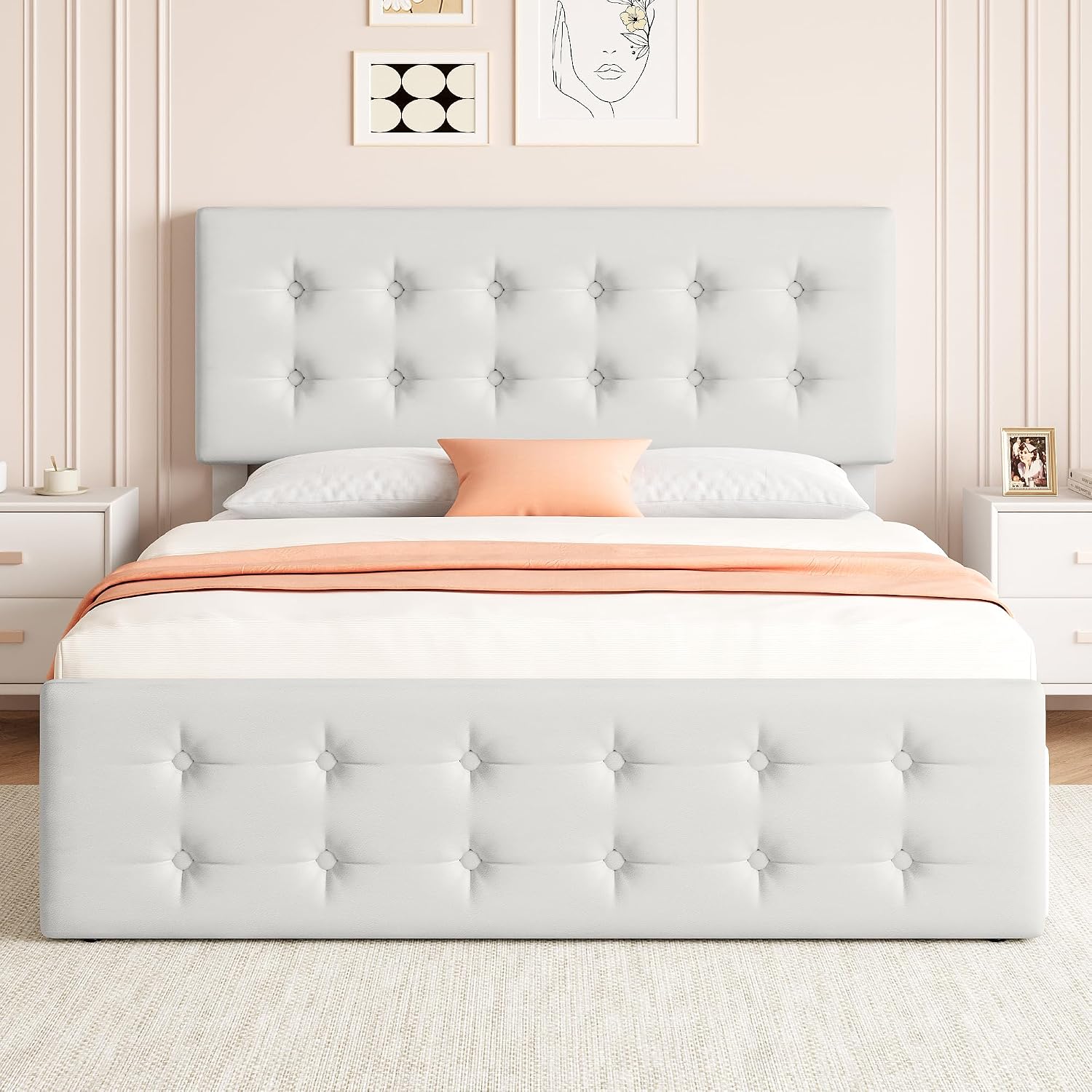 GAOMON Full Size Bed Frame with 4 Drawers and Adjustable Headboard, PU Leather Upholstered Platform Bed with Button Tufted Design, No Box Spring Needed, Strong Wooden Slats, Beige