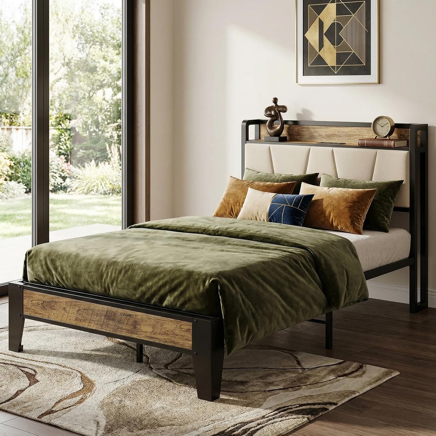 LIKIMIO Twin Bed Frames, Storage Headboard with Charging Station, Solid and Stable, Noise Free, No Box Spring Needed, Easy Assembly (Walnut and Beige)