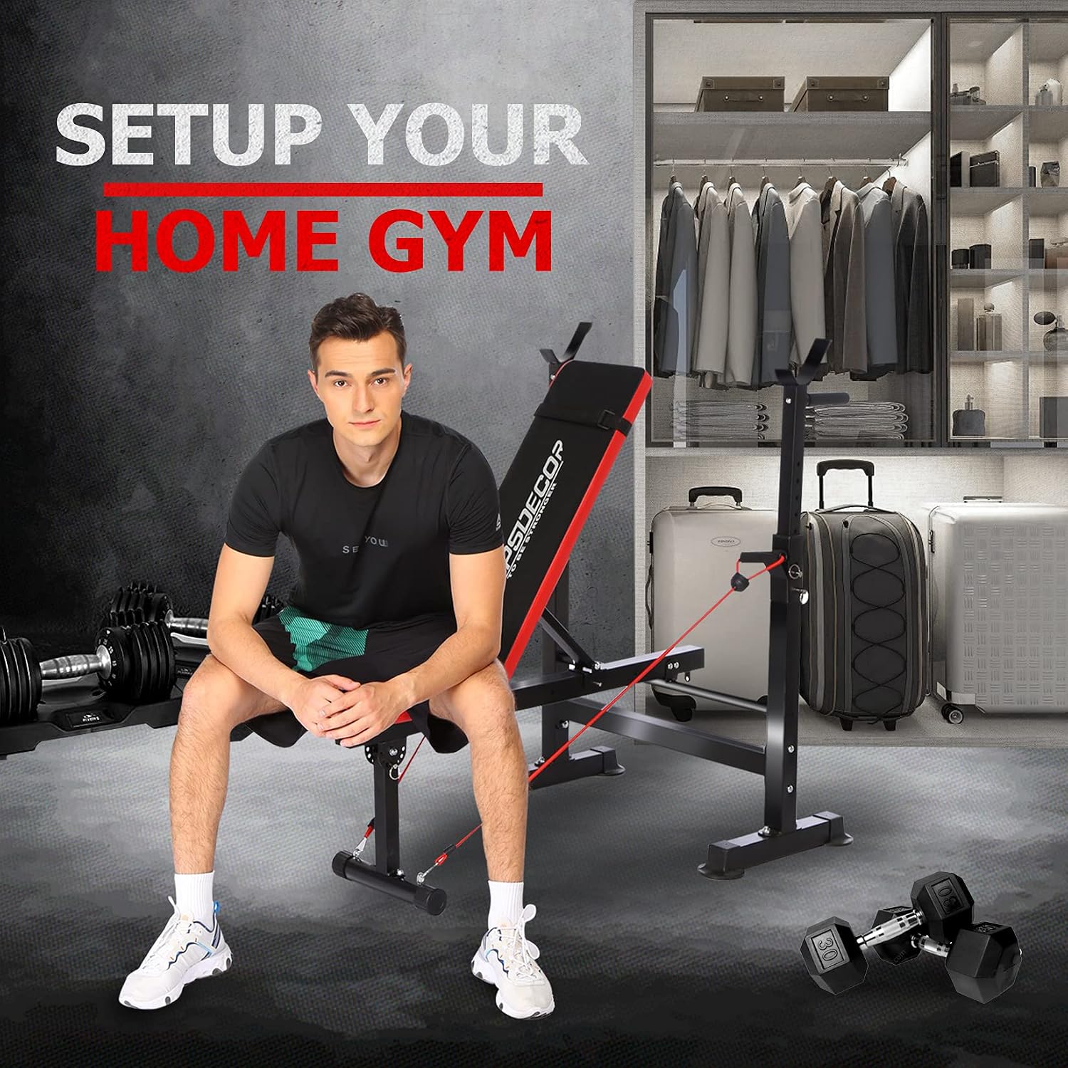 OPPSDECOR 6 in 1 900LBS Weight Bench with Leg Extension and Leg Curl, Foldable Bench Press Set and Squat Barbell Rack with Preacher Curl, Adjustable Workout Bench for Home Gym Strength Training PXZXYX1