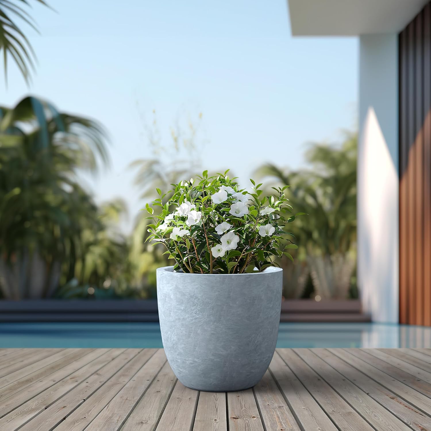 Kante 18 Inch Dia Round Concrete Planter, Indoor Outdoor Large Plant Pot with Drainage Hole and Rubber Plug for Home Patio Garden, Gray