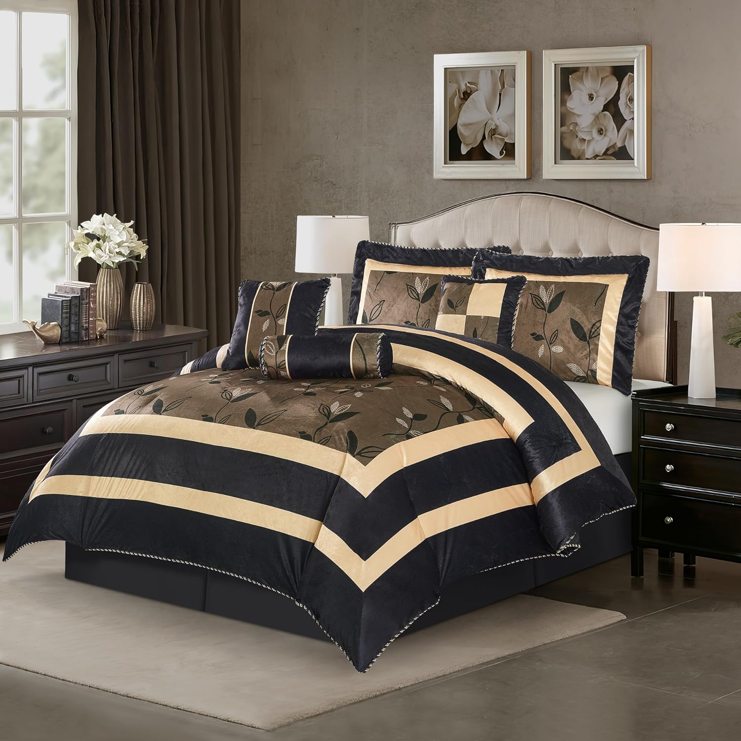 Stratford Park Elegant Leaves 7-Piece Comforter Bedding Set, Bronze, Full Size, Short Plush Print Comforter Set, All Season Bedding Set