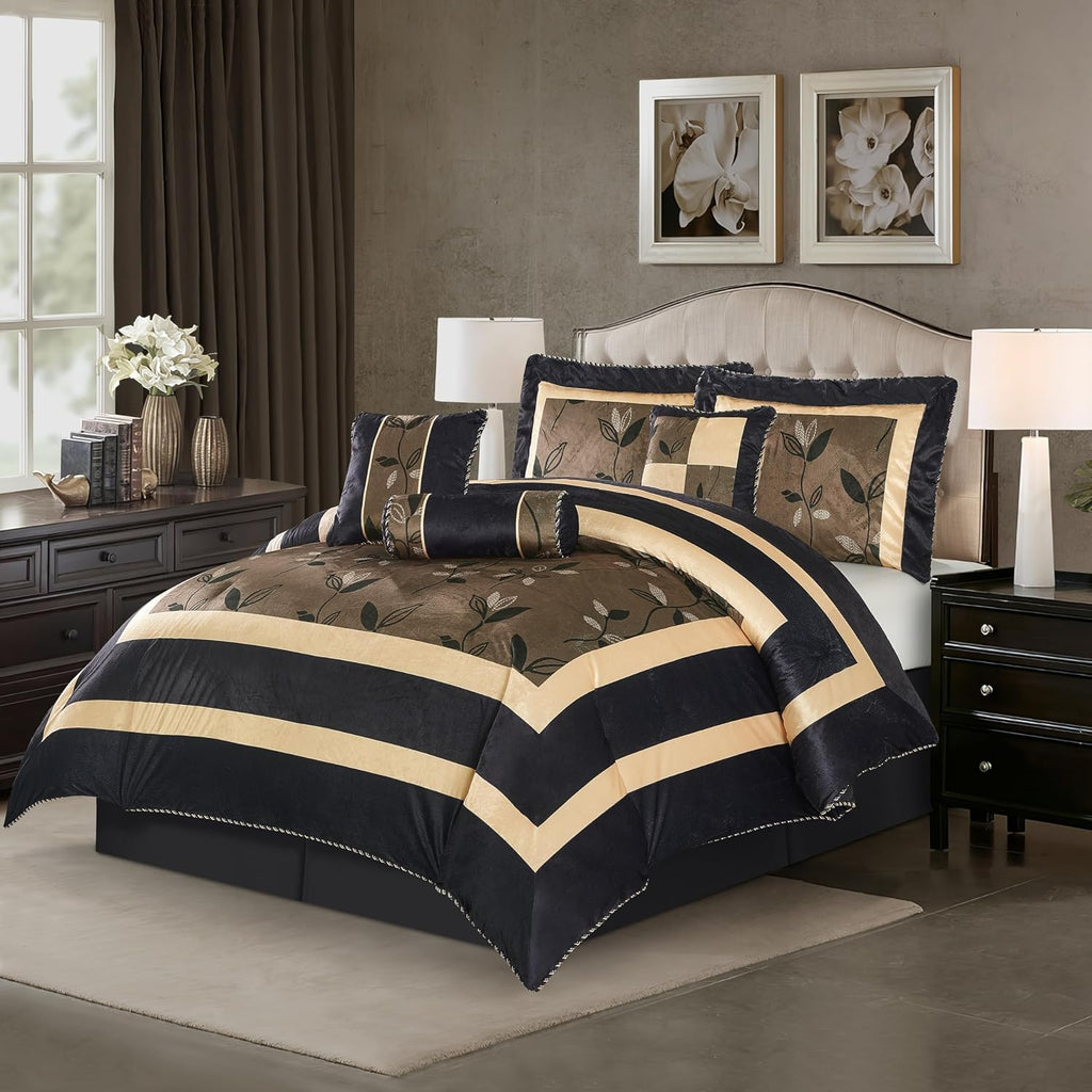 Stratford Park Elegant Leaves 7-Piece Comforter Bedding Set, Bronze, Queen Size, Short Plush Print Comforter Set, All Season Bedding Set