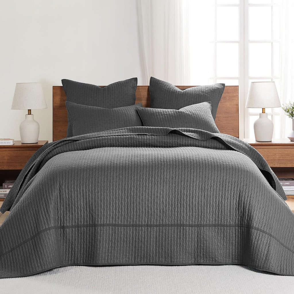 Levtex Home Cross Stitch Reversible King Bedspread Set (120x104in) with 2 Pillow Shams (36x20in) - Stitch Texture - Charcoal - Cotton King Size Bedspread Set - Soft, Pre-Washed
