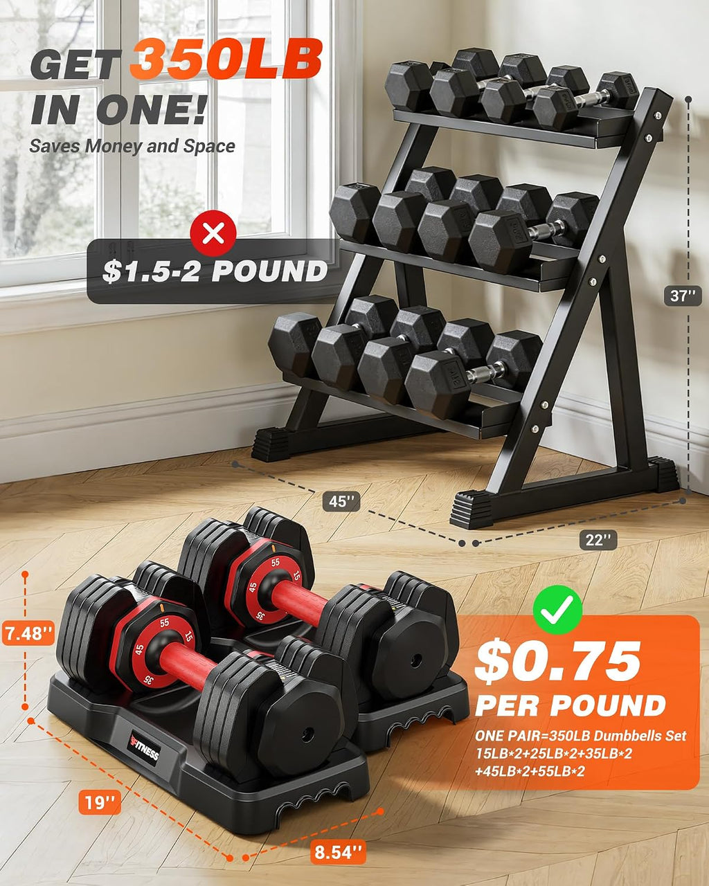 Rendpas Adjustable Dumbbells Set of 2, 5-in-1/10-in-1/16-in-1 Quick-Lock Hand Weights 25/55/80 lbs Pair, Anti-Slip Handle Free Weights Set for Home Gym Strength Training for Men Women