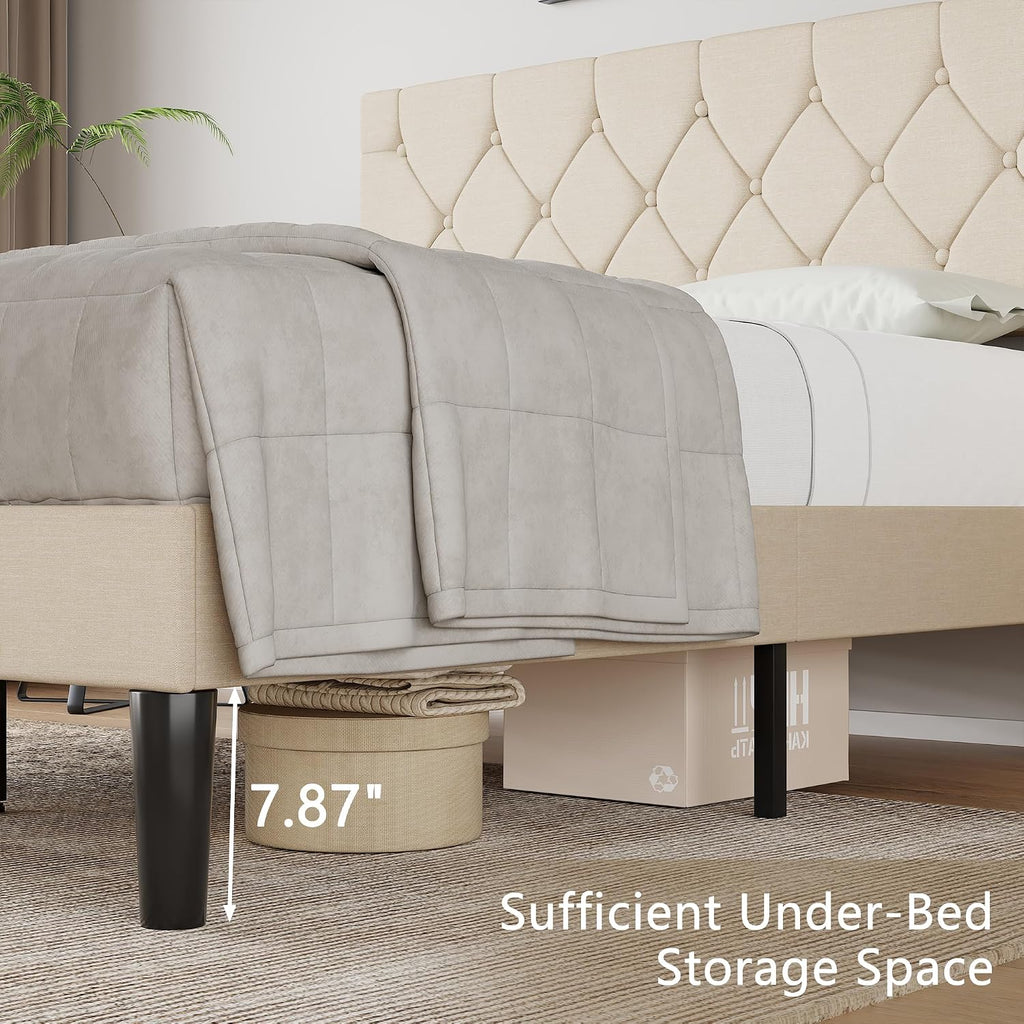 VECELO Full Size Bed Frame with Button Tufted Headboard, Upholstered Platform with Wooden Slat Support, No Box Spring Needed, Cream Beige