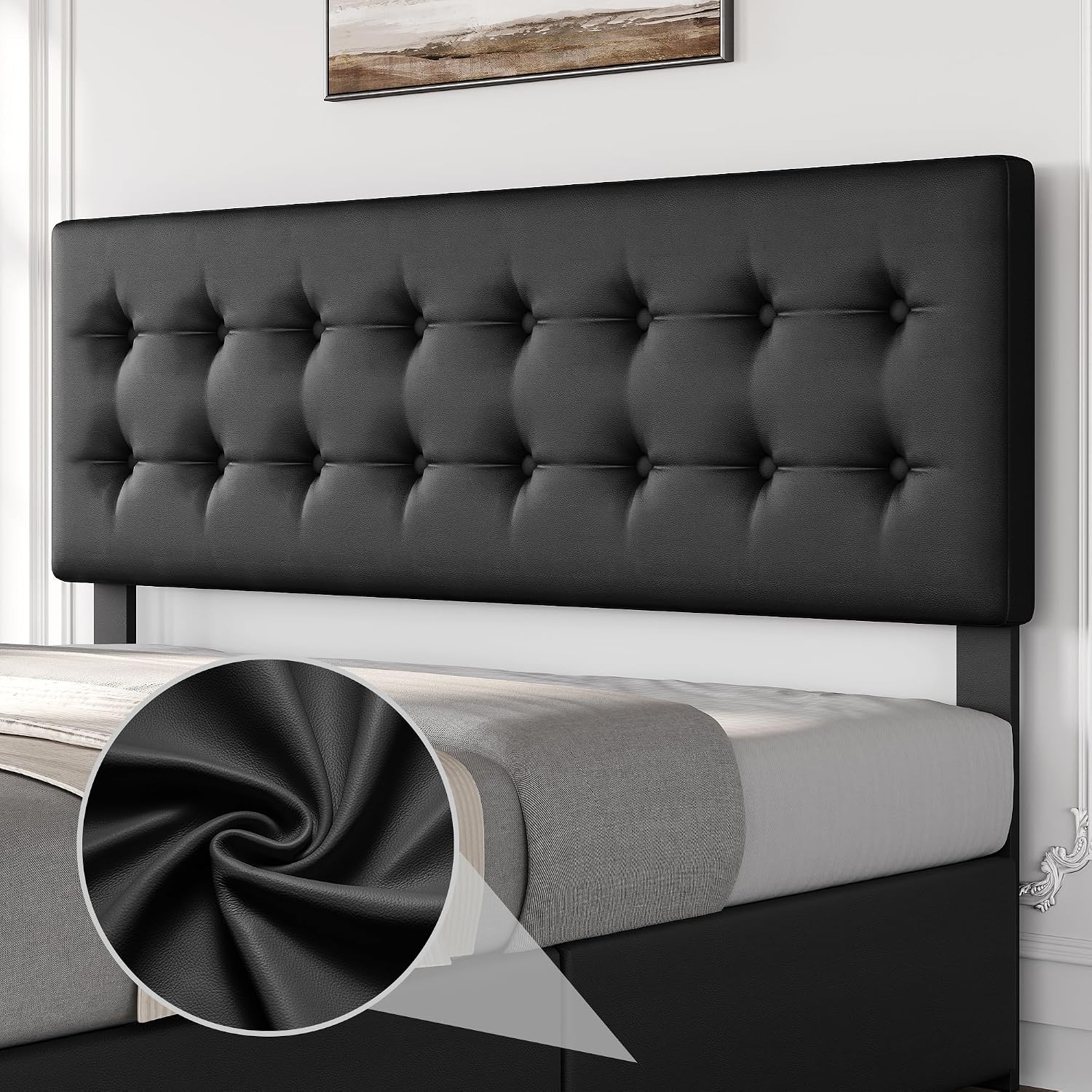 GAOMON King Size Bed Frame with 4 Drawers and Adjustable Headboard, PU Leather Upholstered Platform Bed with Button Tufted Design, No Box Spring Needed, Strong Wooden Slats, Black