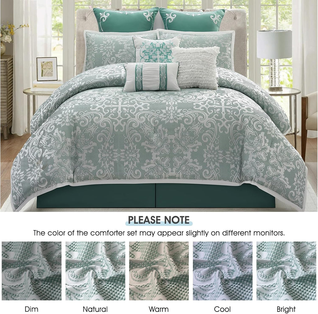 LANCO MODERN LIFESTYLE 9 Piece King Comforter Set, Sage Jacquard Damask, Bed in a Bag, All Seasons Bedding with Shams, Euro Shams, Bed Skirt and Decorative Pillows