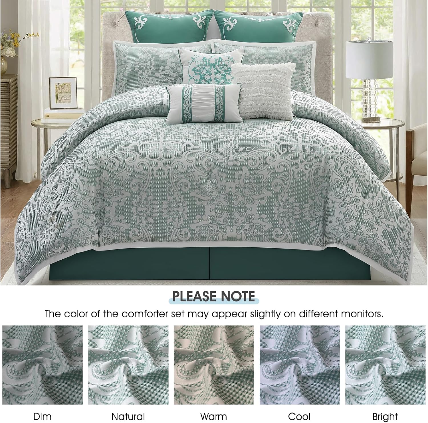 LANCO MODERN LIFESTYLE 9 Piece King Comforter Set, Sage Jacquard Damask, Bed in a Bag, All Seasons Bedding with Shams, Euro Shams, Bed Skirt and Decorative Pillows