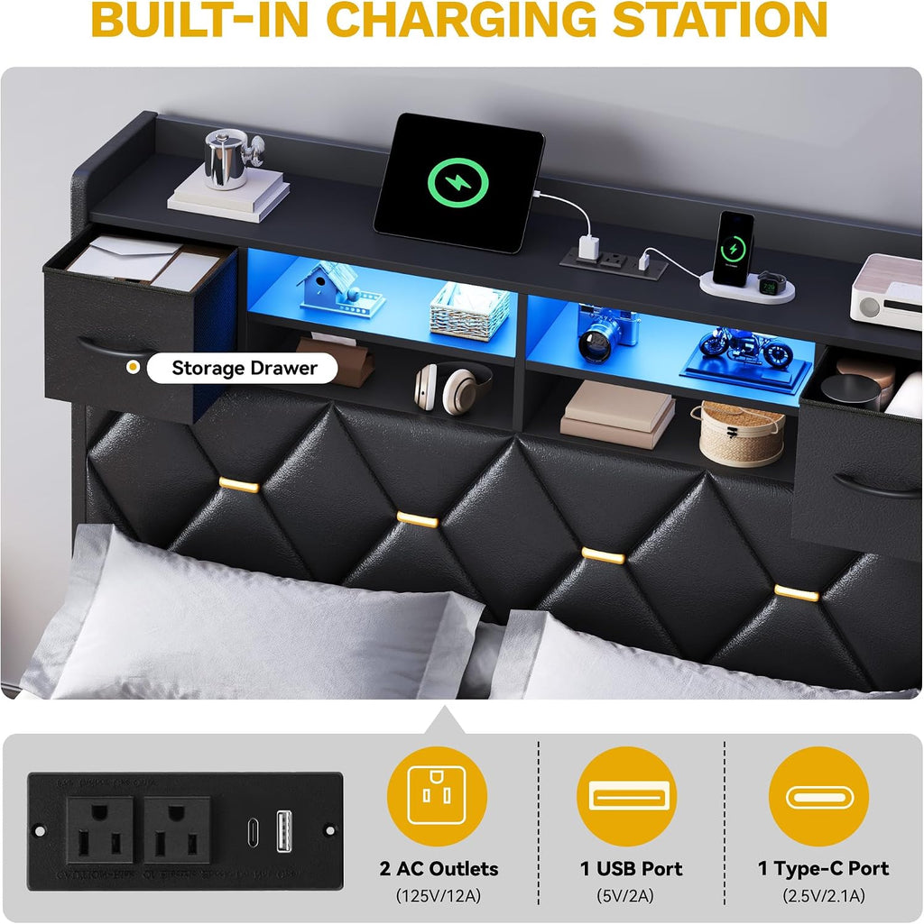 DWVO Full Size Bed Frame with 2 Storage Drawers and Storage Headboard, Upholstered Platform with Charging Station and LED Light, No Box Spring Needed, Noise Free, Easy Assembly, PU Leather Black