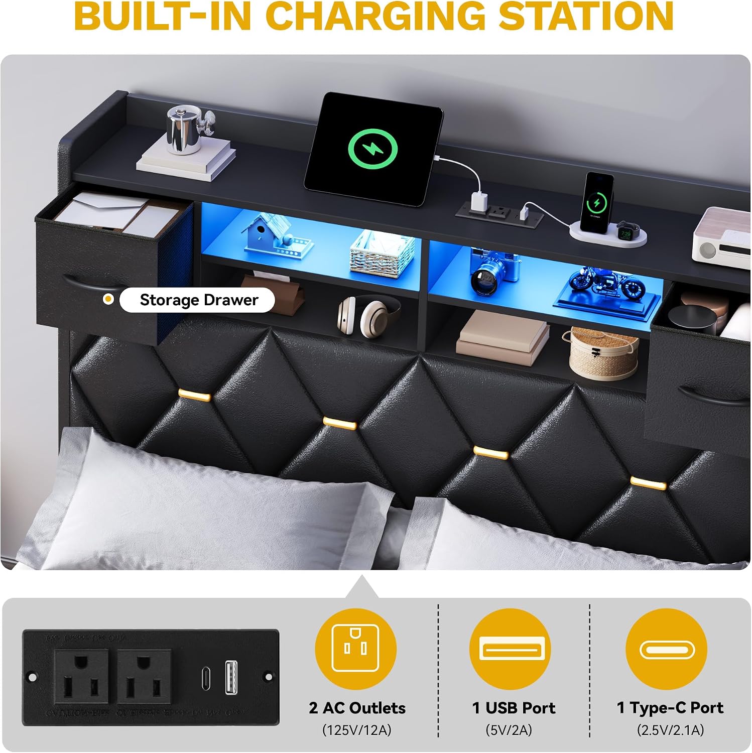 DWVO Full Size Bed Frame with 2 Storage Drawers and Storage Headboard, Upholstered Platform with Charging Station and LED Light, No Box Spring Needed, Noise Free, Easy Assembly, PU Leather Black