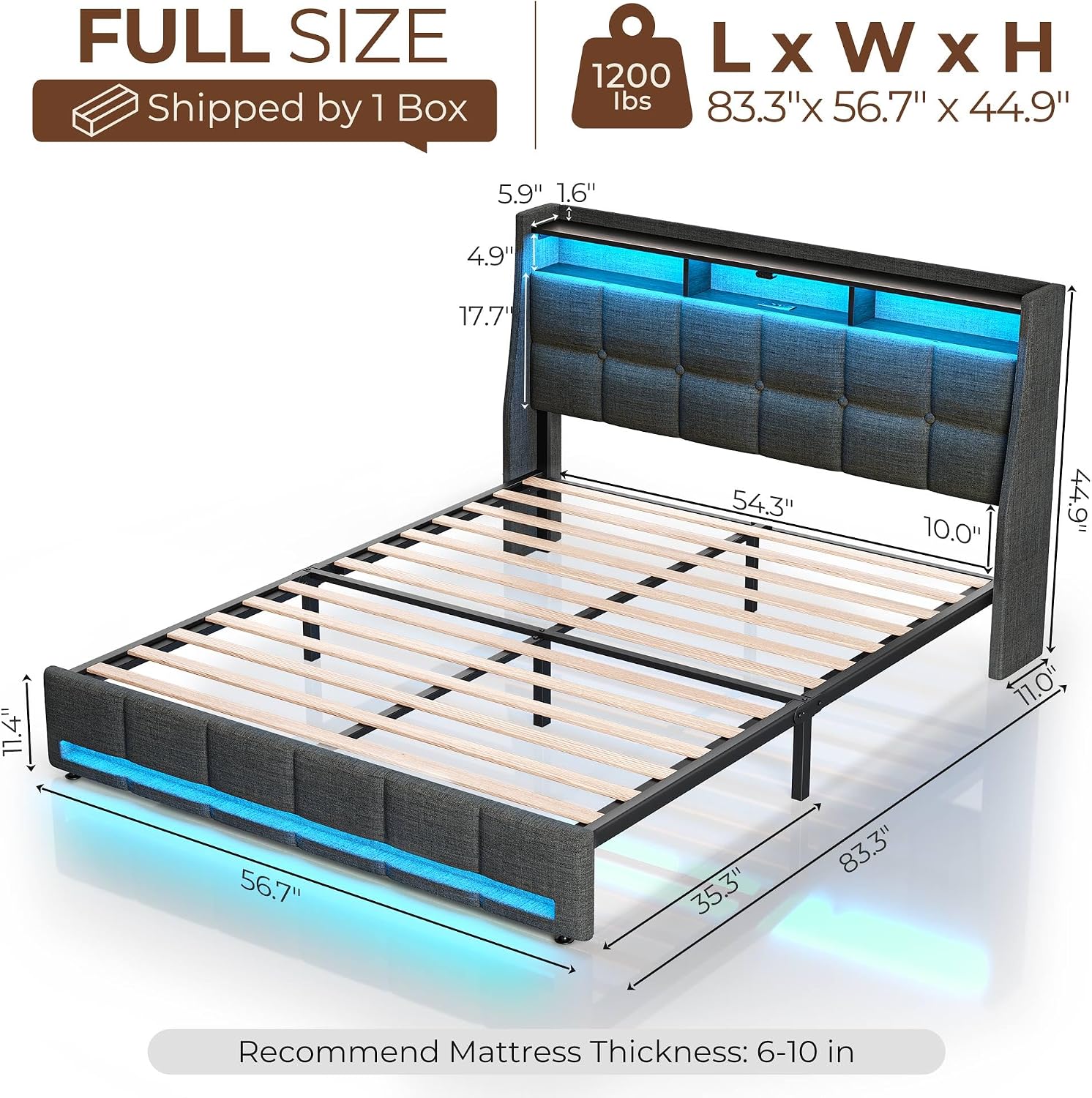 Rolanstar Full Size Bed Frame with LED Lights and Charging Station, Upholstered Headboard with 2-Tier Storage Shelves, Heavy Duty Metal Frame, Noise-Free Support, Easy Assembly, No Box Spring Needed