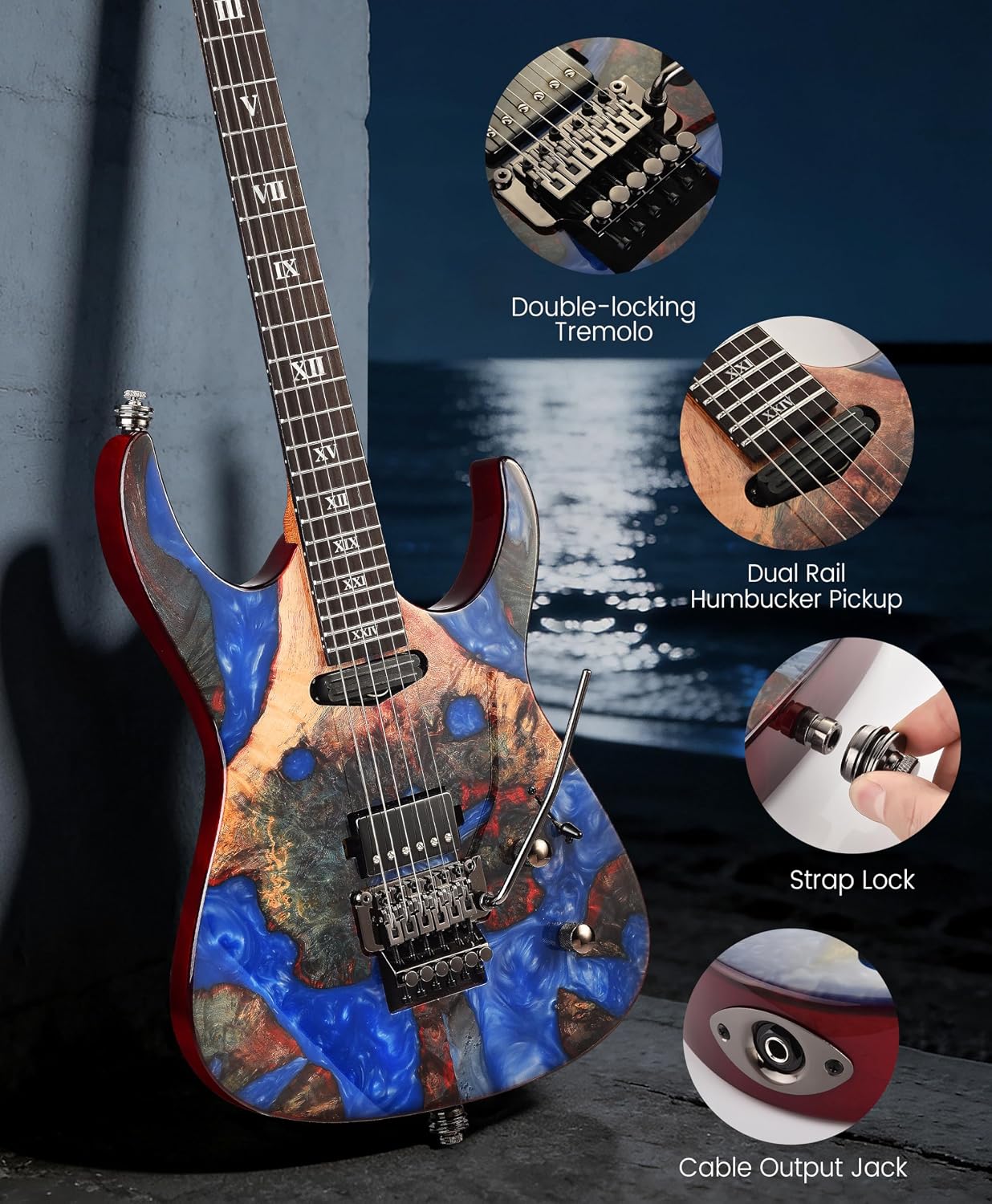 Leo Jaymz Tsunami Deluxe Mahogany Body & Roasted Maple Neck, HH Pickups with Rail, Double-Locking Tremolo, 24 Frets (Blue)