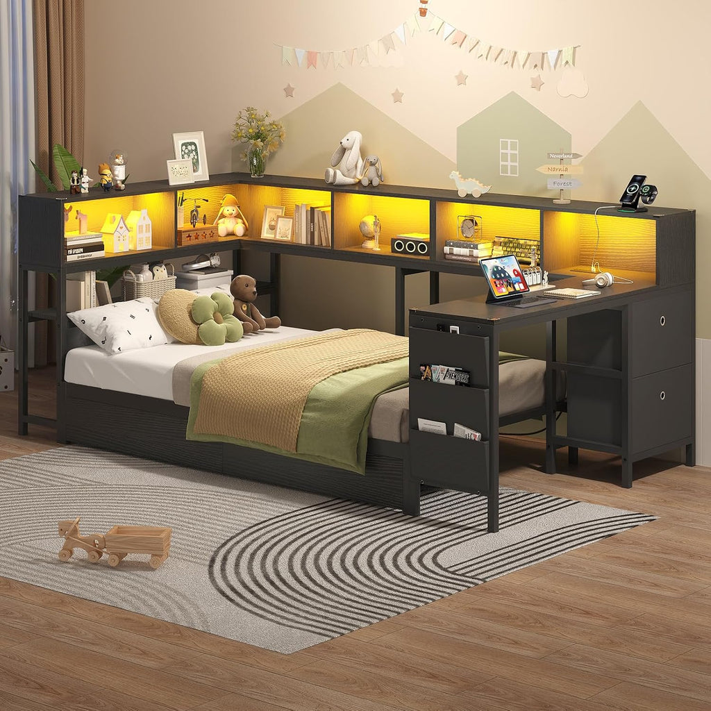 Hasuit Twin Corner Bed with Desk and Storage Bookcase, Daybed with 2 Drawers & 2 Storage Bins, Twin Size Platform Bed Frame with Charging Station and LED Light, Modern Teenagers Bedframe, Black