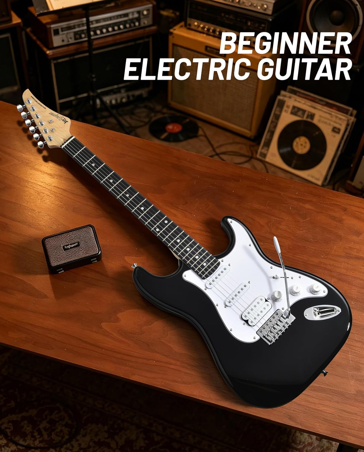 Leo Jaymz Beginner Electric Guitar 39' Kit with Portable Amplifier, Padded Gig Bag, Digital Tuner，Capo，Strap，Picks，HSS Pickups(Black-HSS)