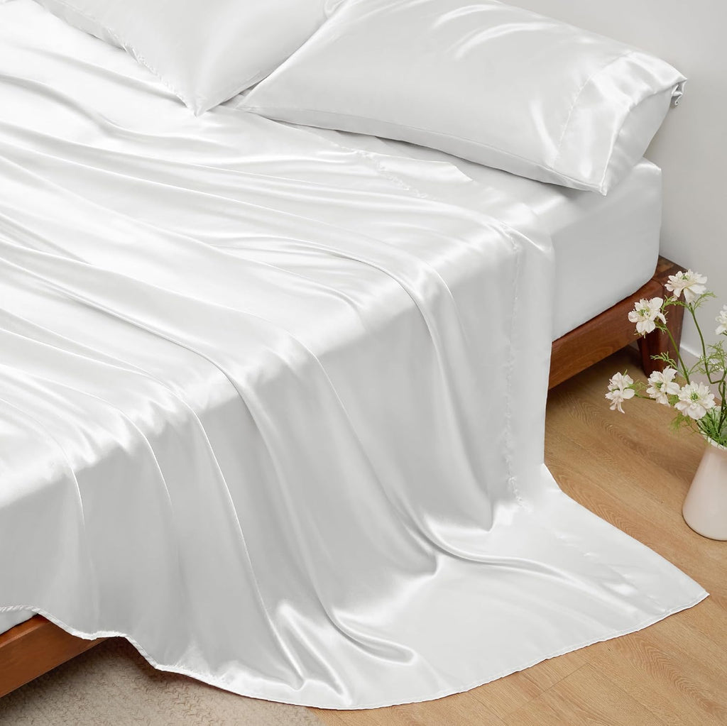 Twin XL Size 4-Piece Sheet Set Premium 30 Momme Mulberry Silk Bed Sheets Set Fits 23-26' Deep Pocket (Solid, White)