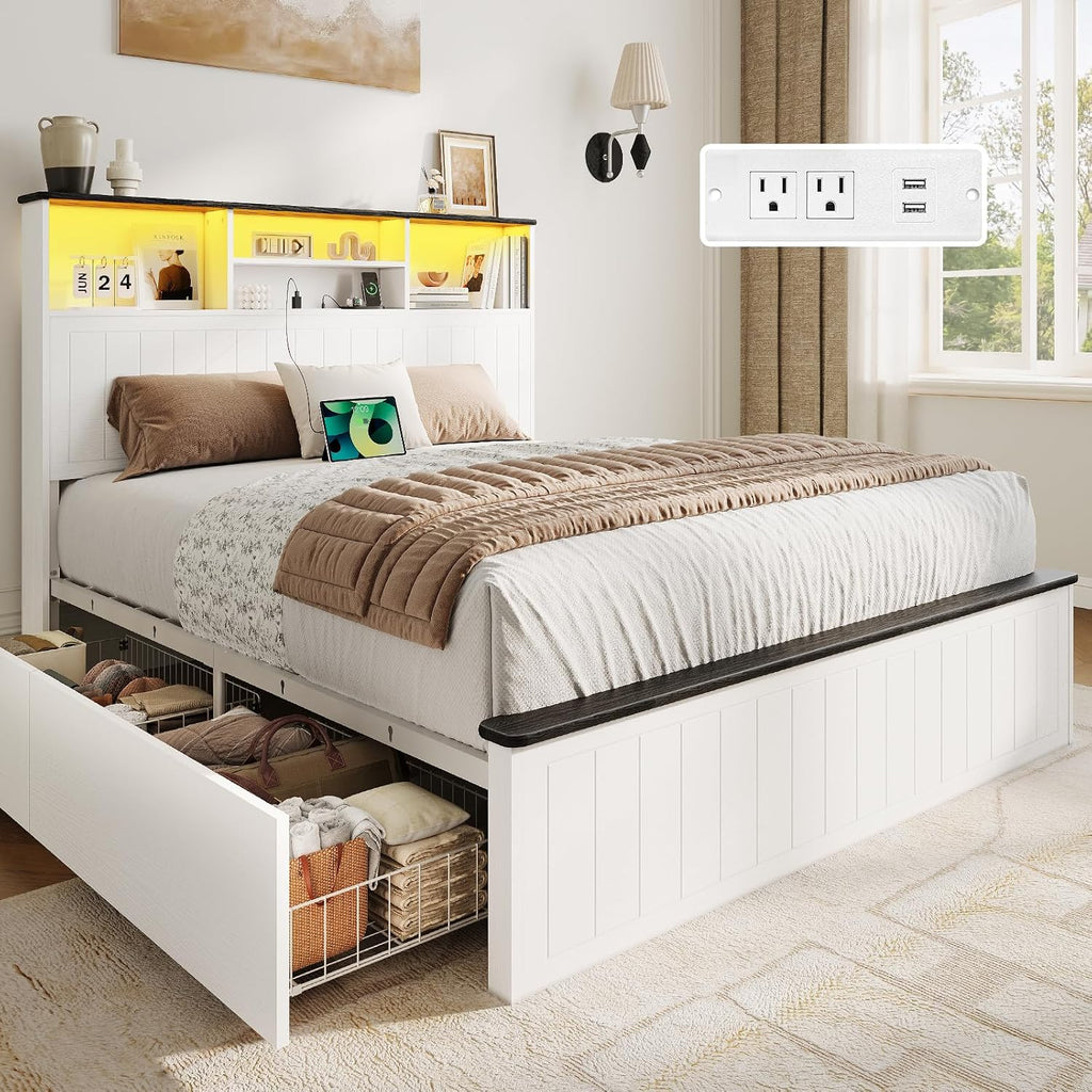 Yoobure Full Size Bed Frame with Headboard - Farmhouse Wood Bed Frames with 4 Storage Drawers, Platform Beds with Charging Station & LED Light, No Noise Double Bedframe, No Box Spring Needed, White