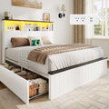 Yoobure Full Size Bed Frame with Headboard - Farmhouse Wood Bed Frames with 4 Storage Drawers, Platform Beds with Charging Station & LED Light, No Noise Double Bedframe, No Box Spring Needed, White