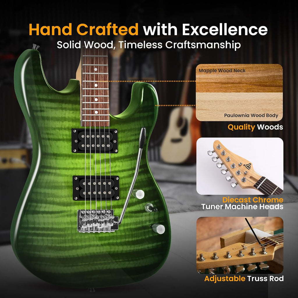 Pyle Electric Guitar Kit with Amp, Full Size Instrument with Humbucker Pickups, Guitarra Electrica Amplifier and Beginner Bundle Accessories, 39' Green