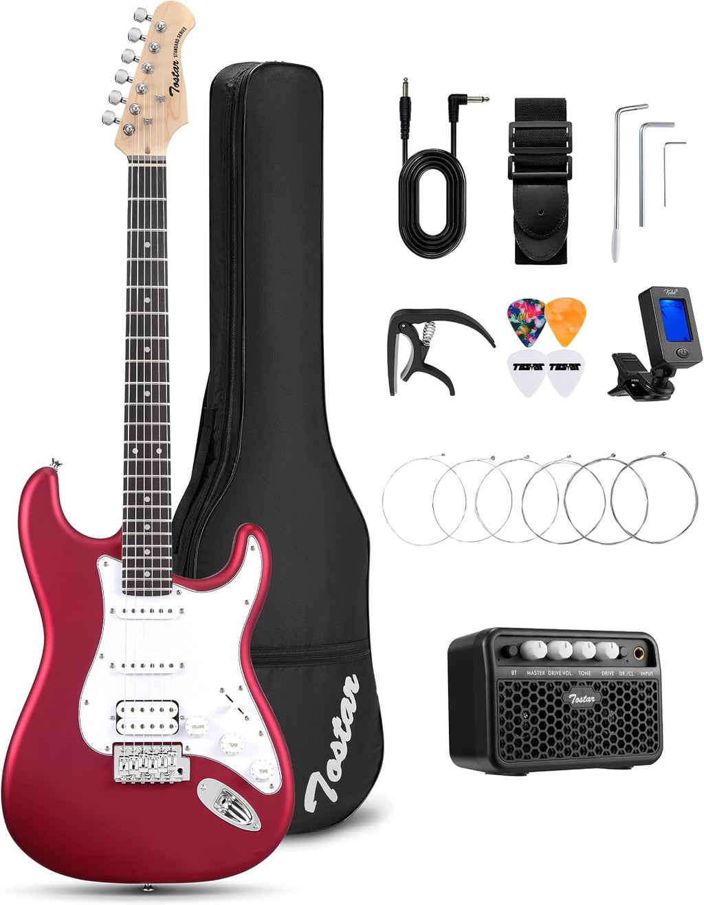 Tostar Electric Guitar Kit with Amp, 39' Full Size 6 String, Lightweight, Rounded Body Design, 5-Way SSH Pickup Switch, 2 Tone & 1 Volume Knobs, Beginner Electric Guitar for Man Woman Candy Apple Red