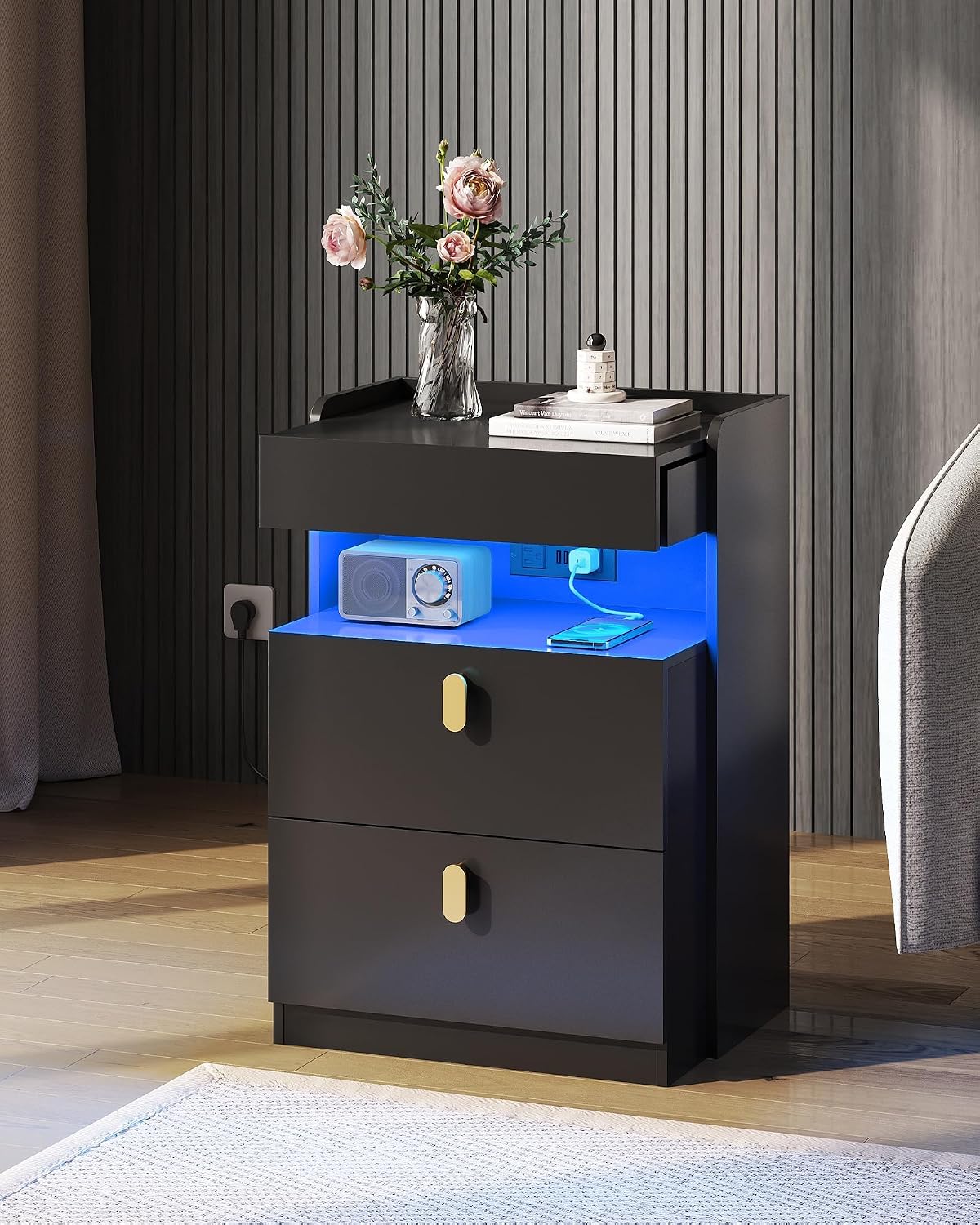 WLIVE Black LED Nighstand Set of 2 with Charging Station, Night Stands Sets with Sliding Top, Bedside Tables with Drawers, End Table for Bedroom, Living Room, Black
