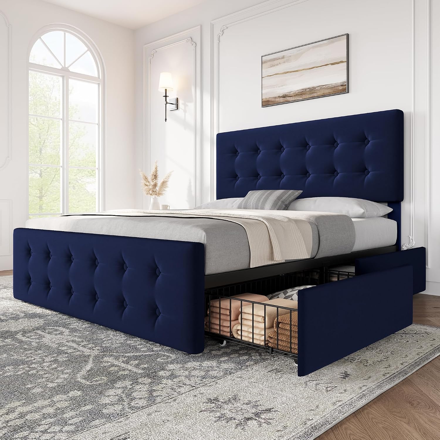 Full Size Platform Bed Frame with 4 Storage Drawers & Headboard, Faux Leather Upholstered, Button Tufted Design, Wooden Slats Support, Noise-Free Mattress Foundation, No Box Spring Needed, Blue