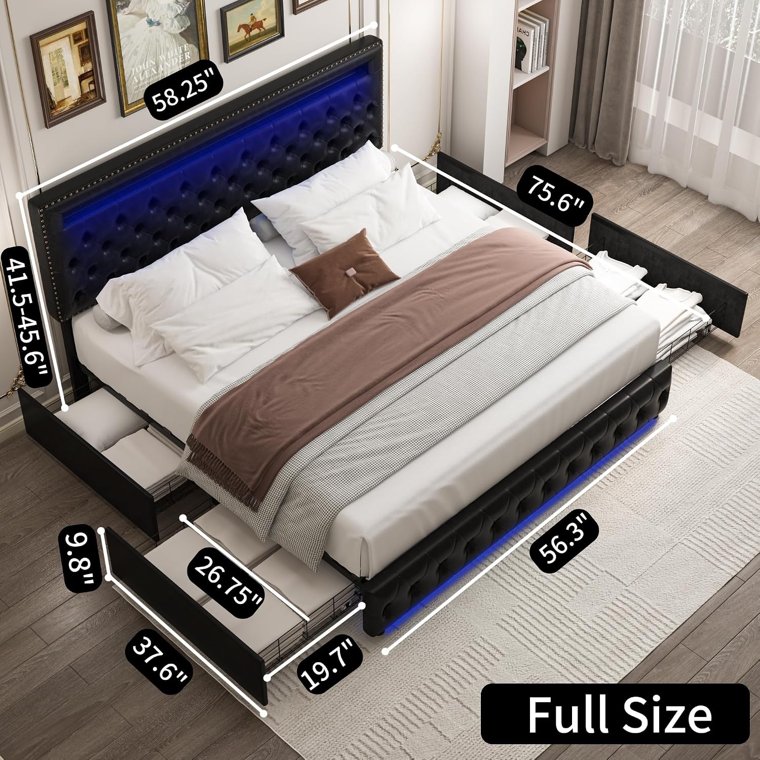 Full LED Bed Frame with 4 Drawers, Platform Bed with Headboard, Adjustable Upholstered Diamond Headboard and Frame, No Box Spring Needed, Wooden Slats Support,PU Black