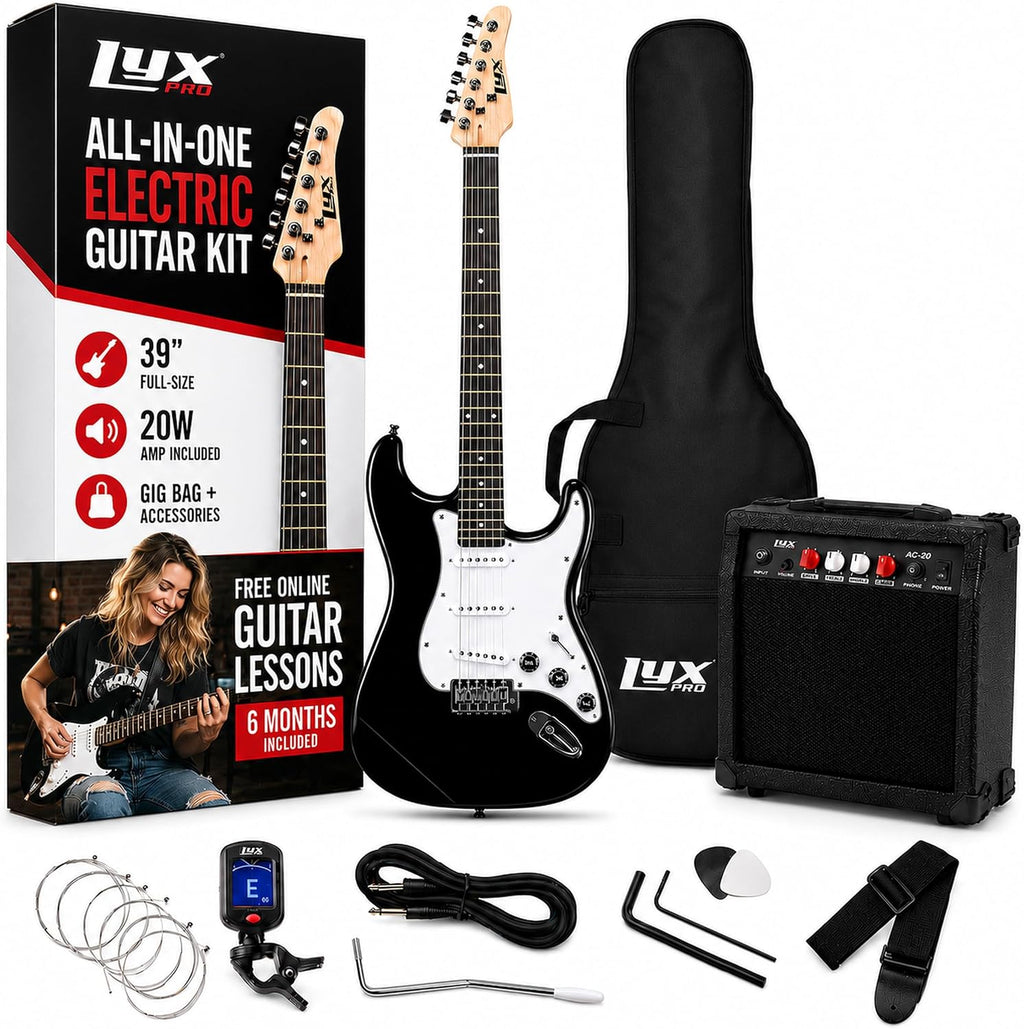 LyxPro 39 Inch Electric Guitar Beginner Kit, Full Size Right Handed Starter Set with 20W Amp, Gig Bag, Digital Tuner, Strap, Picks, Strings, Cable, Tremolo Bar, Black