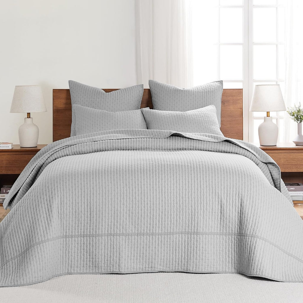 Levtex Home Cross Stitch Reversible King Bedspread Set (120x104in) with 2 Pillow Shams (36x20in) - Stitch Texture - Light Grey - Cotton King Size Bedspread Set - Soft, Pre-Washed