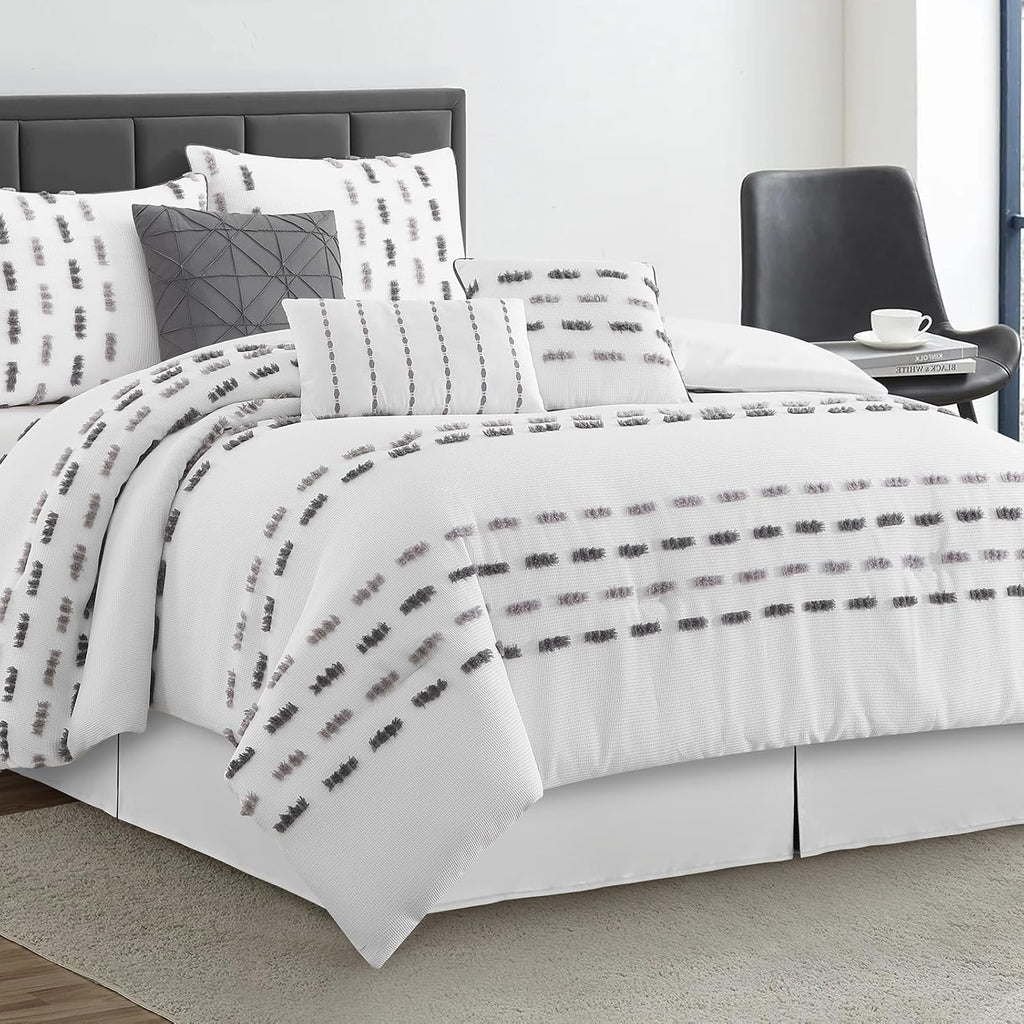 LANCO MODERN LIFESTYLE White Grey 7 Piece Comforter Set, Queen, Clip Waffle Texture Stripe Design, Soft Polyester Bedding for All Seasons, Includes Bedskirt, Shams and Decorative Pillows