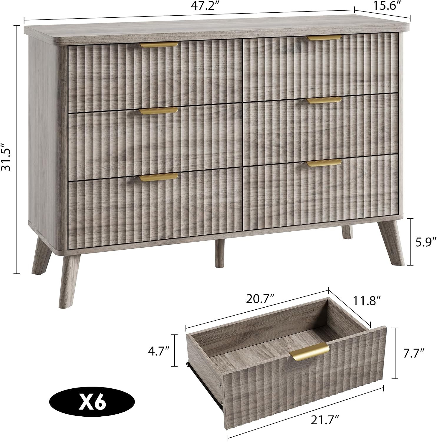 GarveeHome Fluted Dresser for Bedroom with 6 Deep Drawers, 47.2 in Wide Modern Chest of Drawers, Wooden Dresser TV Stand, Curved Profile Design, for Living Room, Kids Room, Hallway, Grey