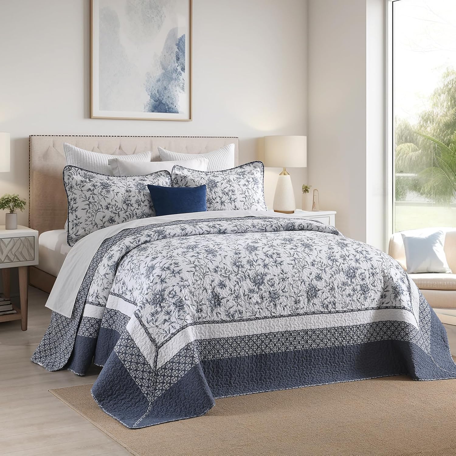 Floral Bedspread 102'x120' Oversized Queen Bedspread, 100% Cotton Oversized Queen Quilt with 2 Pillow Shams, Lightweight Garden Quilted Bedspreads Coverlet Sets, Blue/White, 3 Pcs