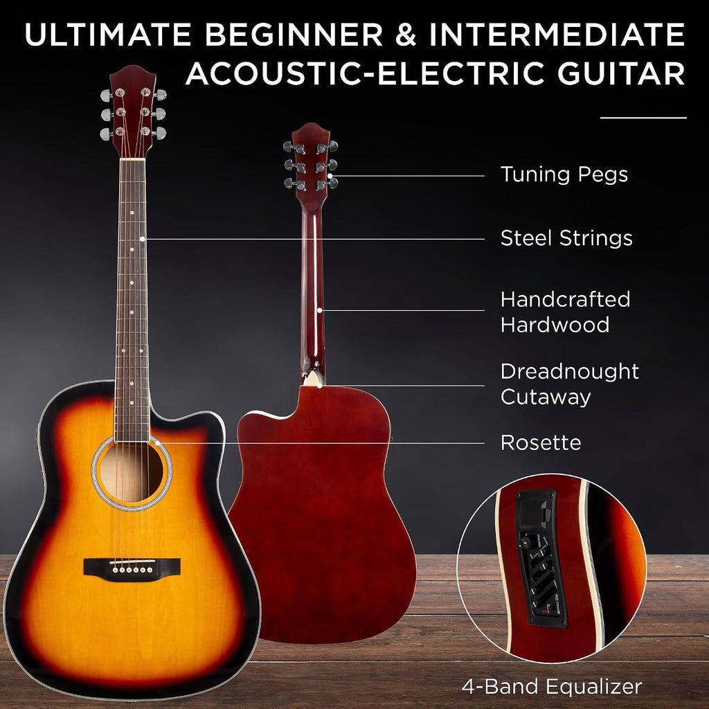 Best Choice Products Beginner Acoustic Electric Guitar Starter Set w/ 41in, All Wood Cutaway Design, Gig Bag, Strap, Picks - Sunburst