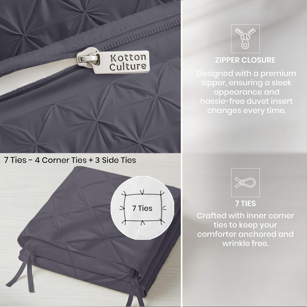 Kotton Culture 120'x 120' 3 Pc Super King Plus Pinch Pleated - Pintuck Duvet Cover Set - 100% Egyptian Cotton 600 TC - Zipper Closure & 7 Internal Ties- Fits Extra Large King Inserts - Dark Grey