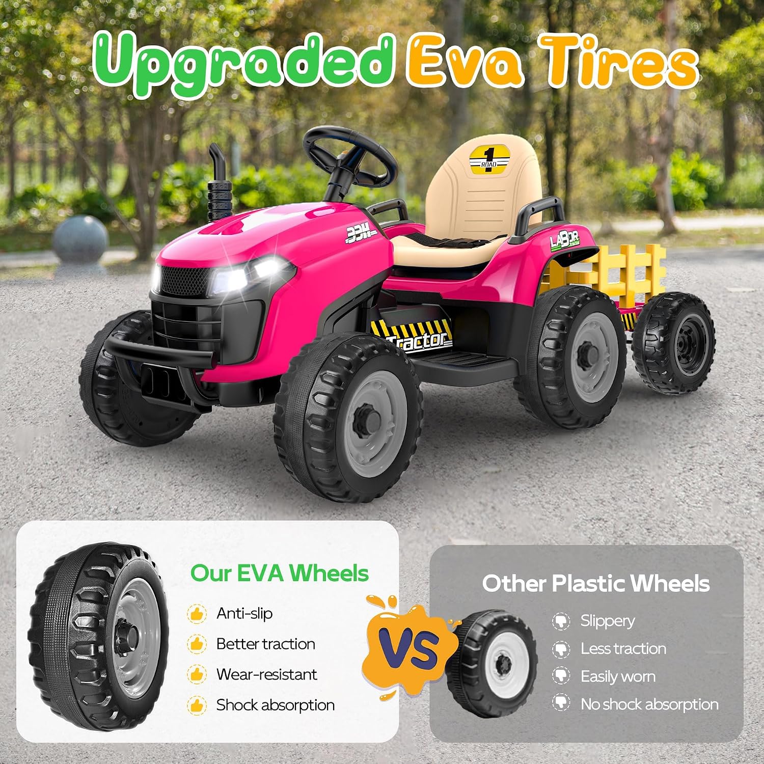 ANPABO 24V Ride On Tractor w/Tiltable & Detachable Trailer, EVA Tires, Up to 4.3Mph, Ride On Toys with Parental Remote, Realistic Tractor Sound & Chimney, Music Player, LED Light, Rose Red