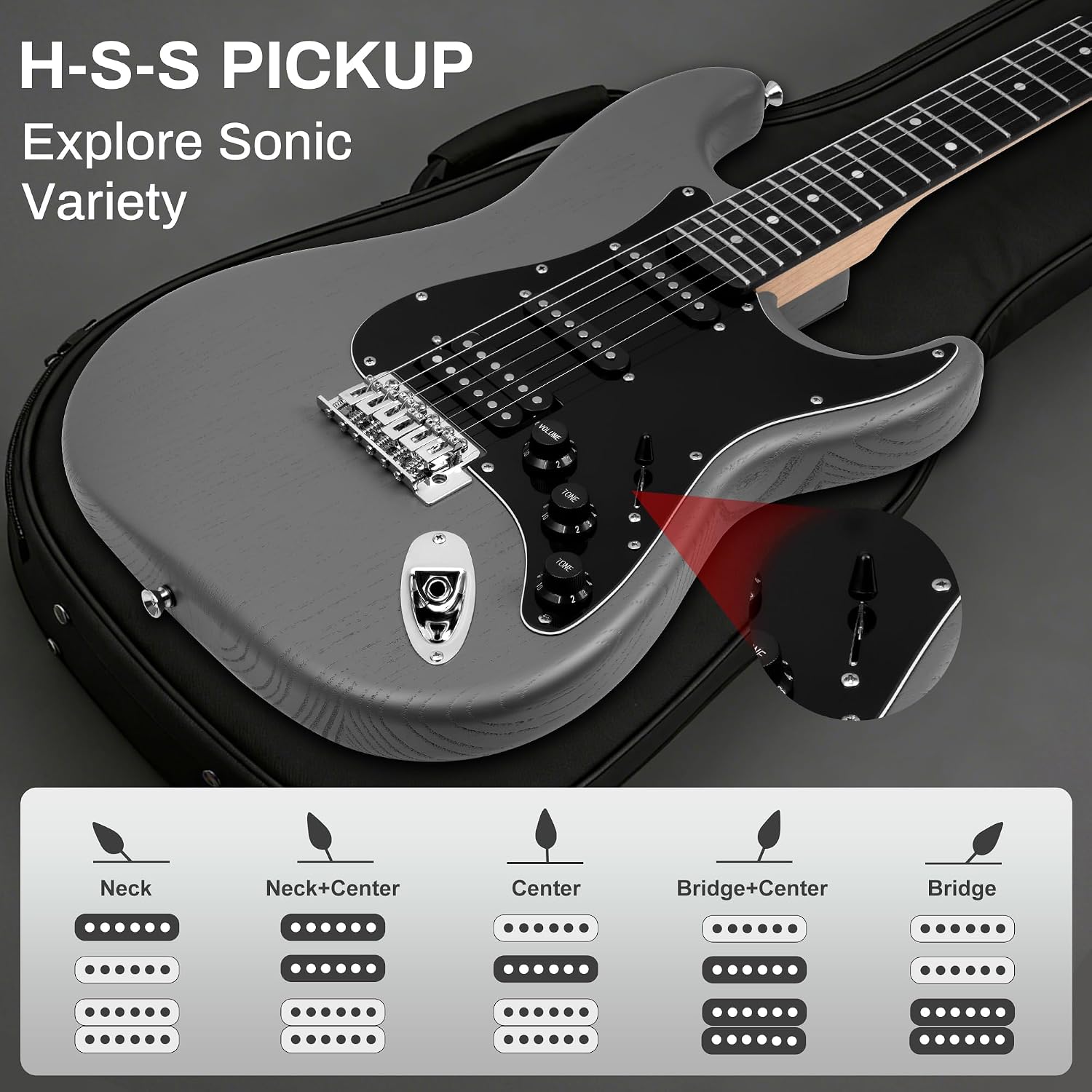 Mosen 39 Inch Electric Guitar with HSS Pickups & Single-Coil Tremolo System - with 5W Amp, Techwood Fingerboard, C-Shaped Satin Neck, All Accessories Included Gig Bag, Tuner, String, Capo, Strap
